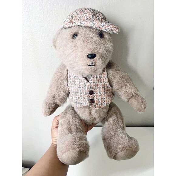 Vintage Rare Jointed Teddy Bear With Ascot Cap Stuffed Animal Plush - Picture 2 of 3